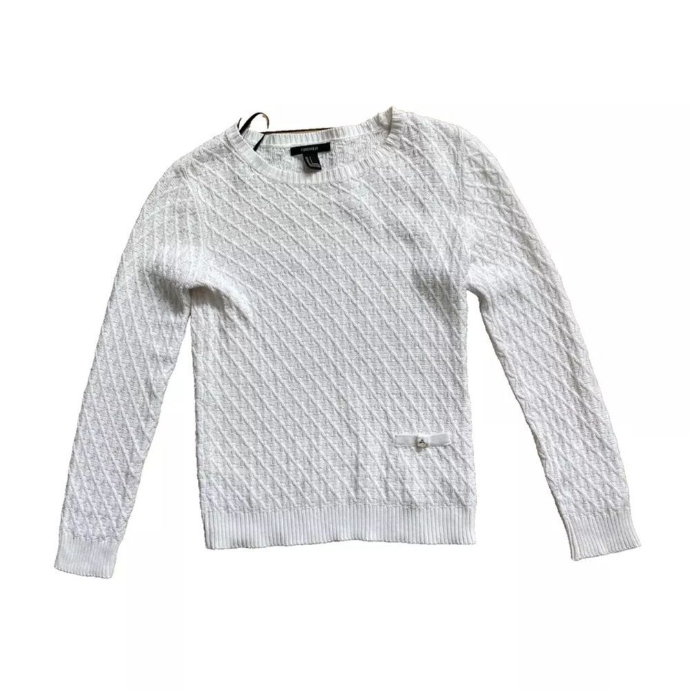 FOREVER 21 Knit Sweater White Womens S Round Neck Pullover Pocket Casual Chic